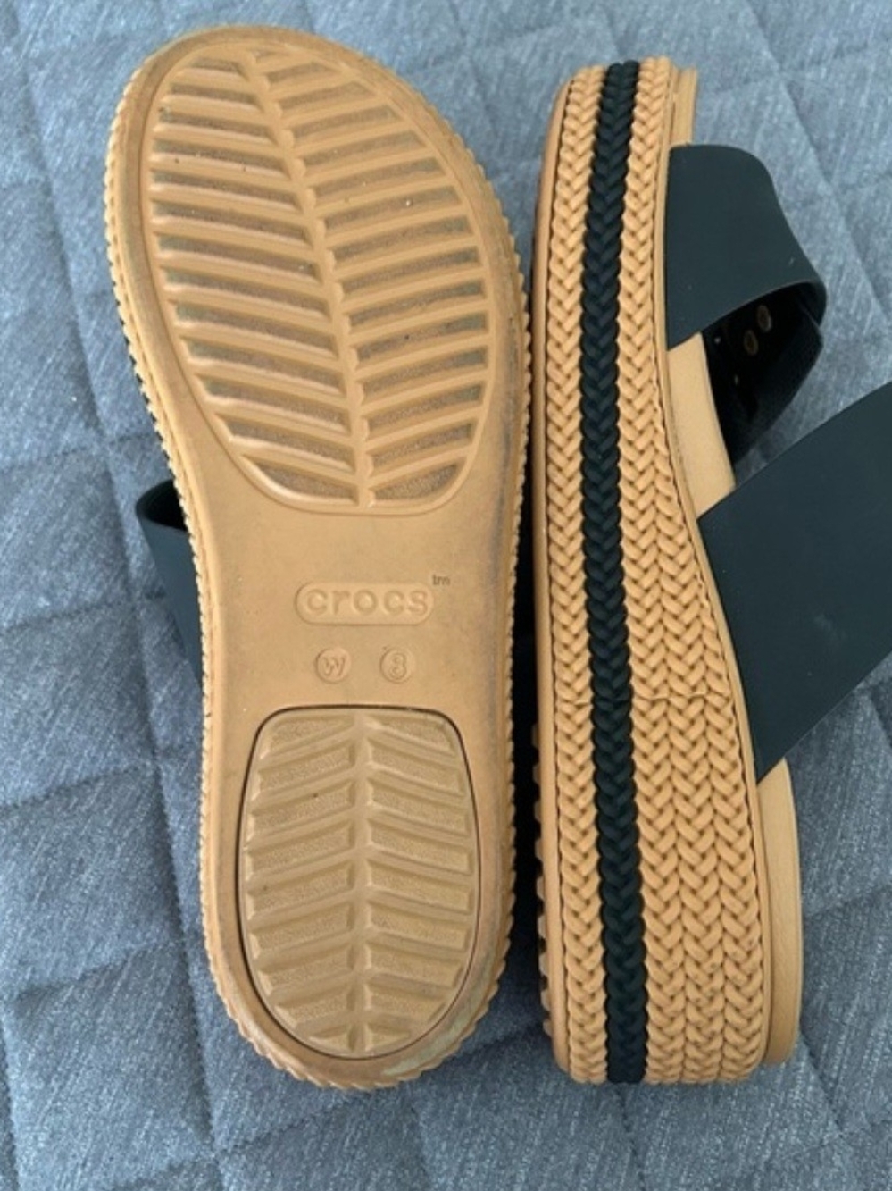 Crocs Black Double-Buckle Slide Sandals with Tan Footbed Size 8 - Picture 2 of 4